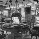A Victorian parlor, furnished with a round table, swivel chairs, a selection of paintings and a piano, circa 1890.
